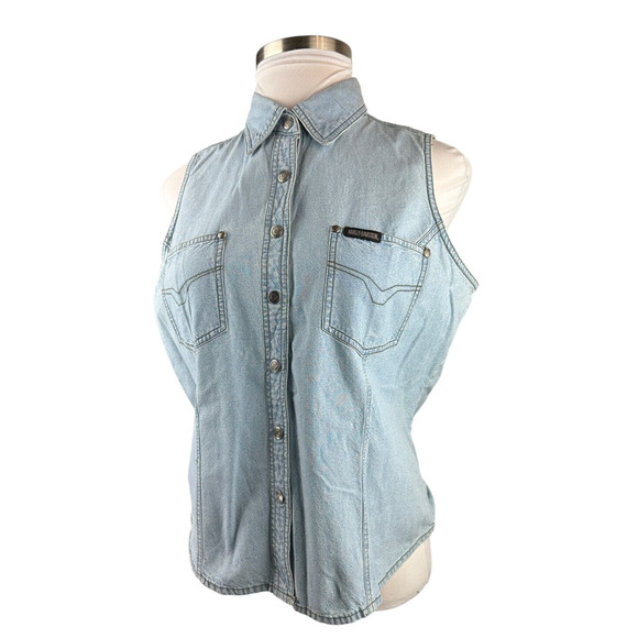Harley Davidson Denim Vest Sleeveless Button Snap Shirt Blue Women's Size XL - Picture 4 of 12